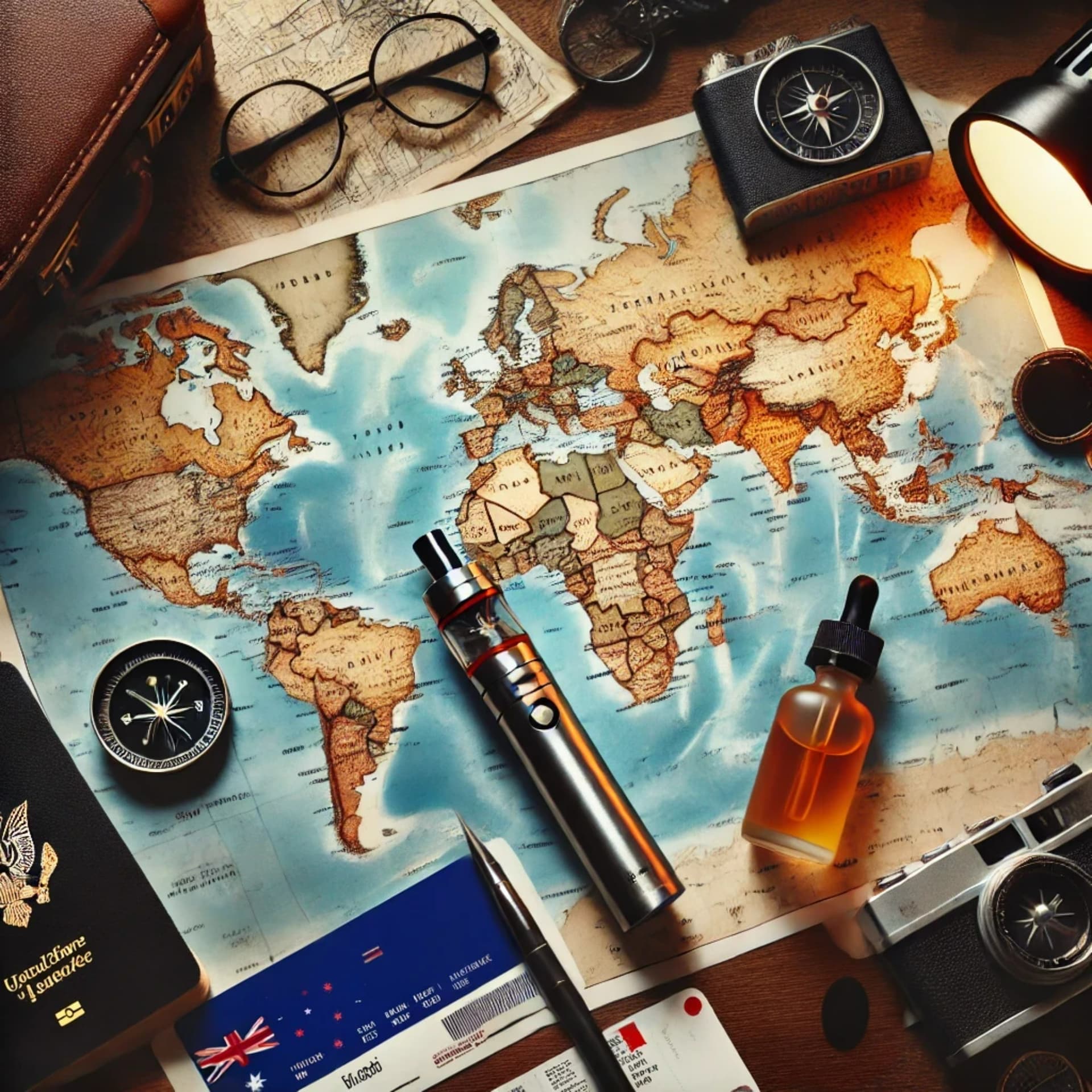 Vintage travel-themed flat lay with a world map, vape pen, One Love E-Liquid, cameras, compasses, glasses, and a passport. what happens if you put a vape in carry-on